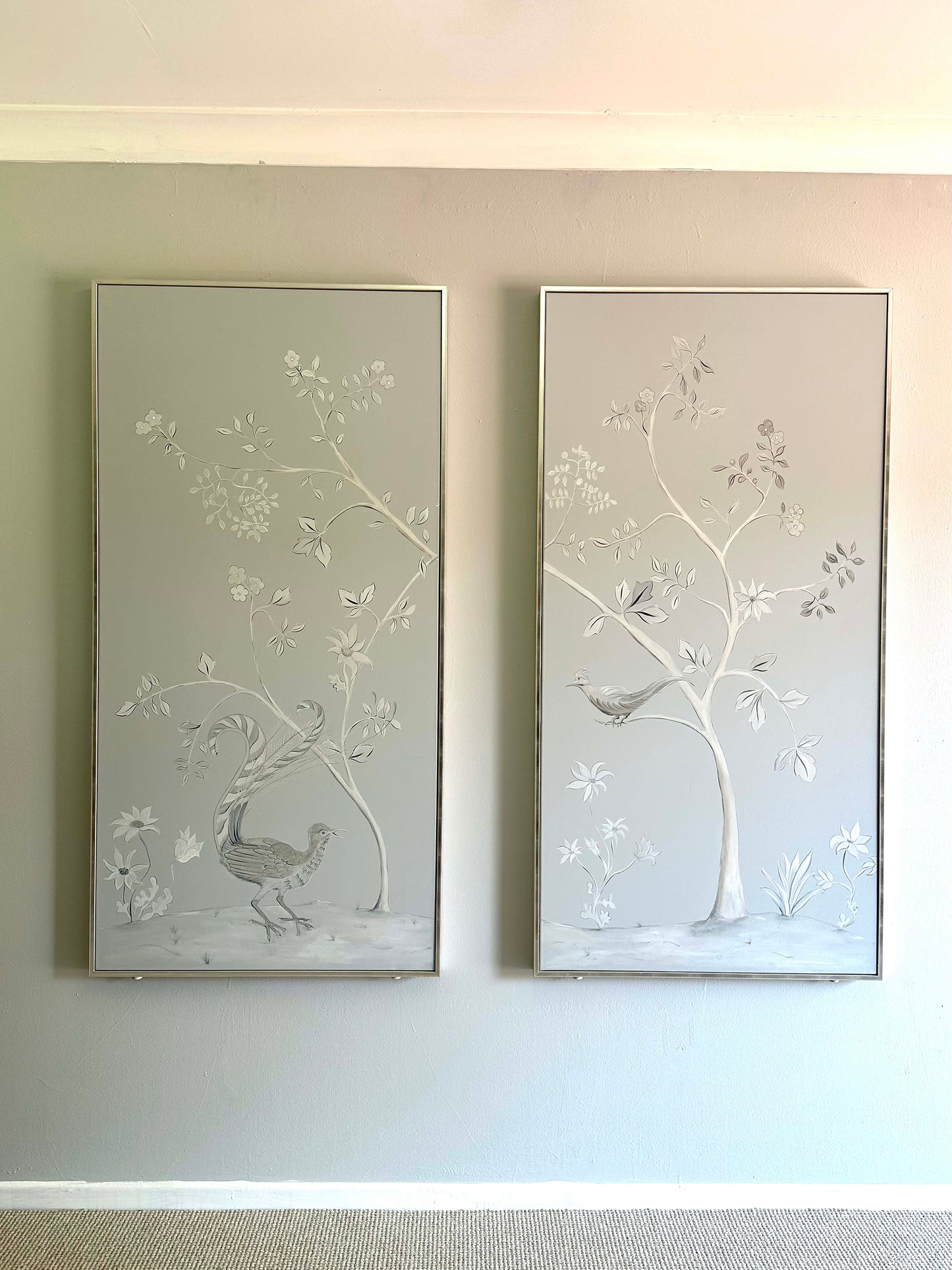 Hand Painted Lyrebird Chinoiserie - Individual Framed Wall Panels