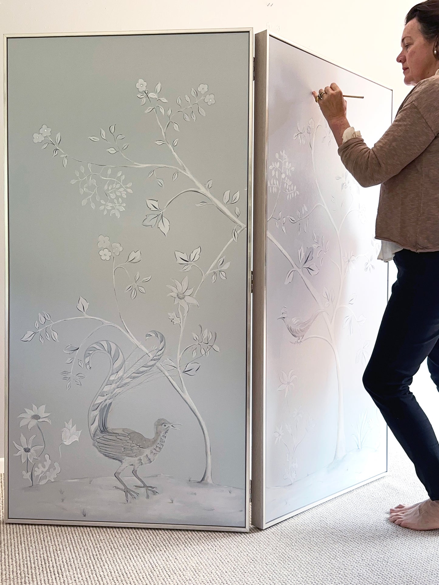 Hand Painted Lyrebird Chinoiserie - Individual Framed Wall Panels