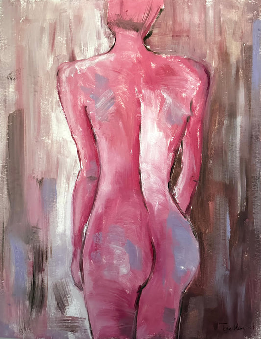 An abstract painting of a nude female figure seen from behind, rendered in pink, mauve, and brown tones against a textured gray and beige background.